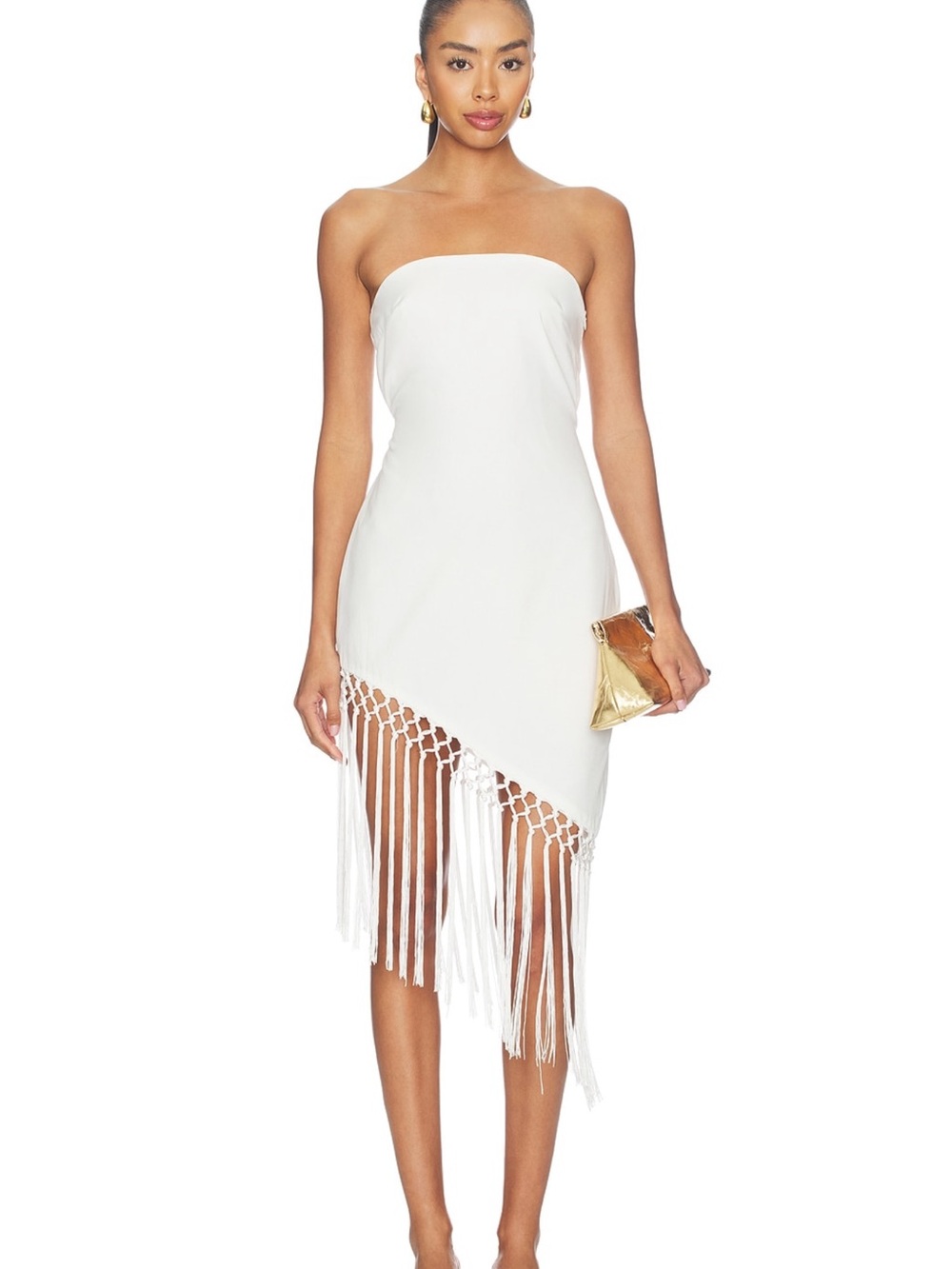 Strapless White Fringe Asymmetric Dress